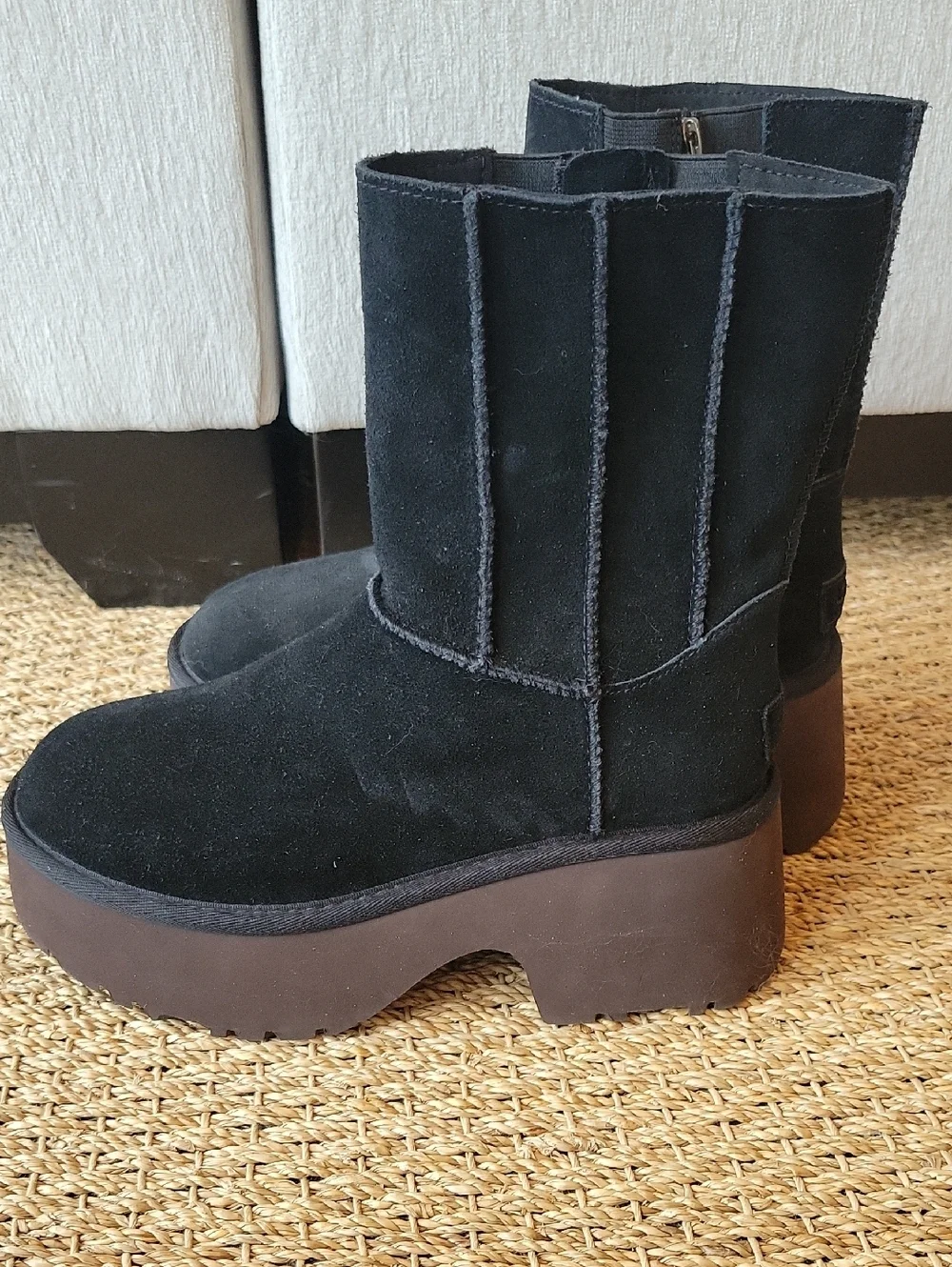 UGG Classic Twin Seam New heights Women's Boots Black suede with platform sole 8